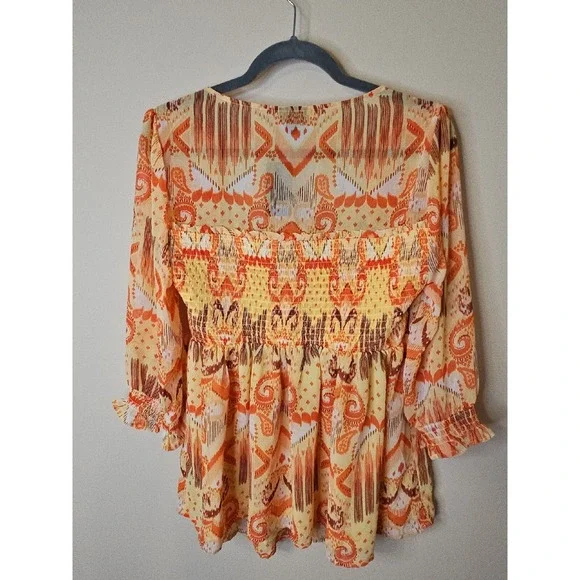 Torrid Top 00 M/L Ikat Babydoll Smocked Boho Ruffle Western Patchwork Earthy - Picture 14 of 16